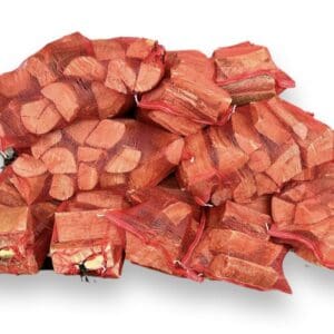 20 x Nets stacked in a pile. the nets are red and the have kiln dried logs in them