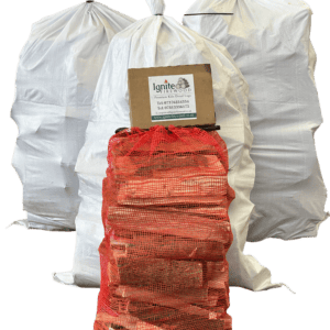 3 white boot bags of kiln dried hardwood logs 1 net of kindling orange box of woodwool fire lighters